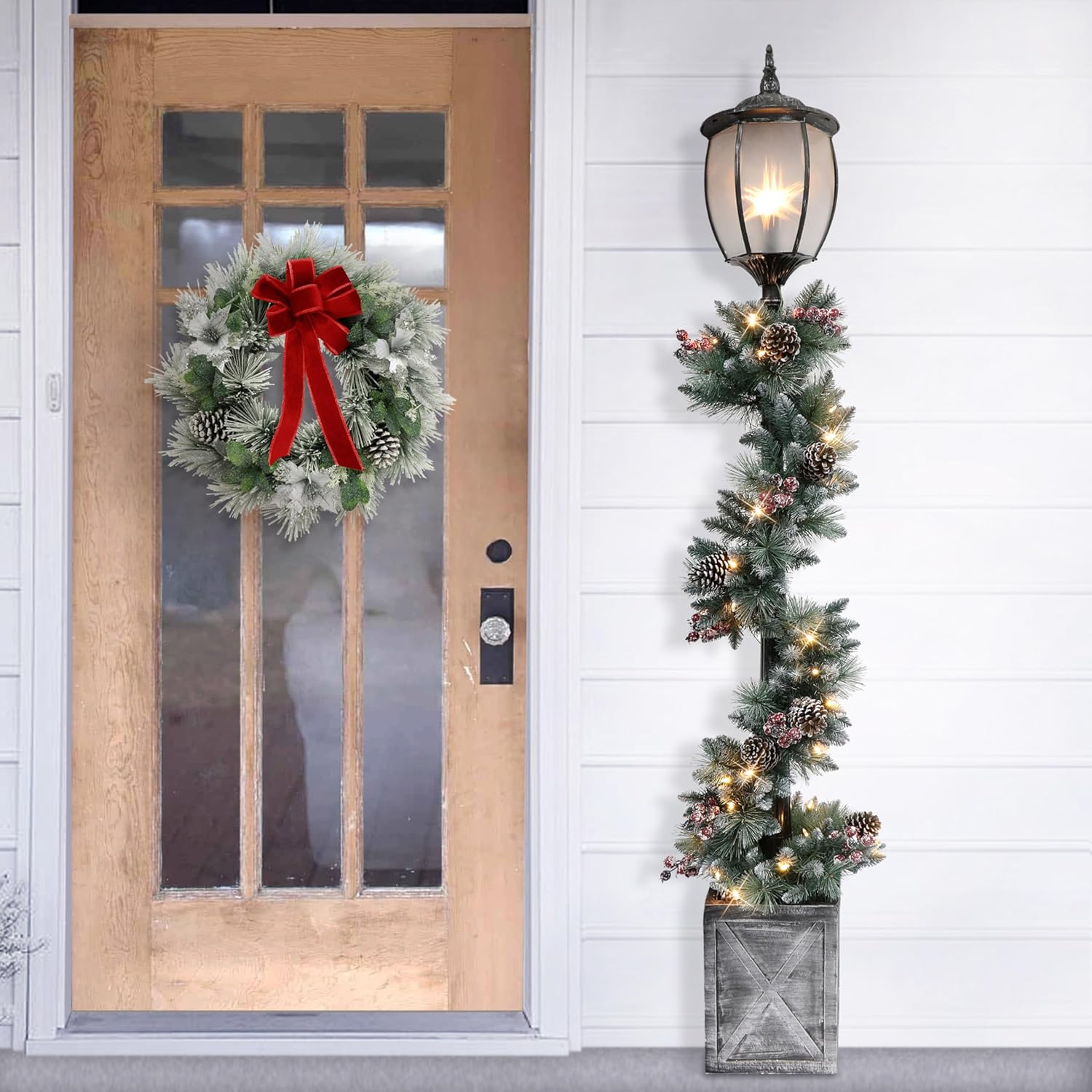 Puleo International 7' Lamp Post with Decorated Garland and 50 Warm White LED Lights