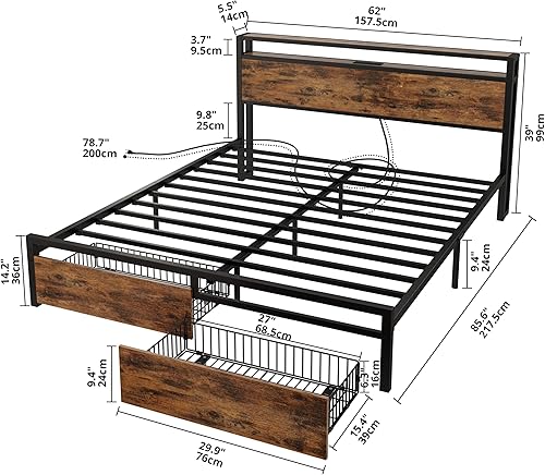 Miniatura 2 de LIKIMIO Base de cama Queen con cabecera de almacenamiento, cama de plataforma con cajones y estación de carga, no necesita somier, fácil montaje,