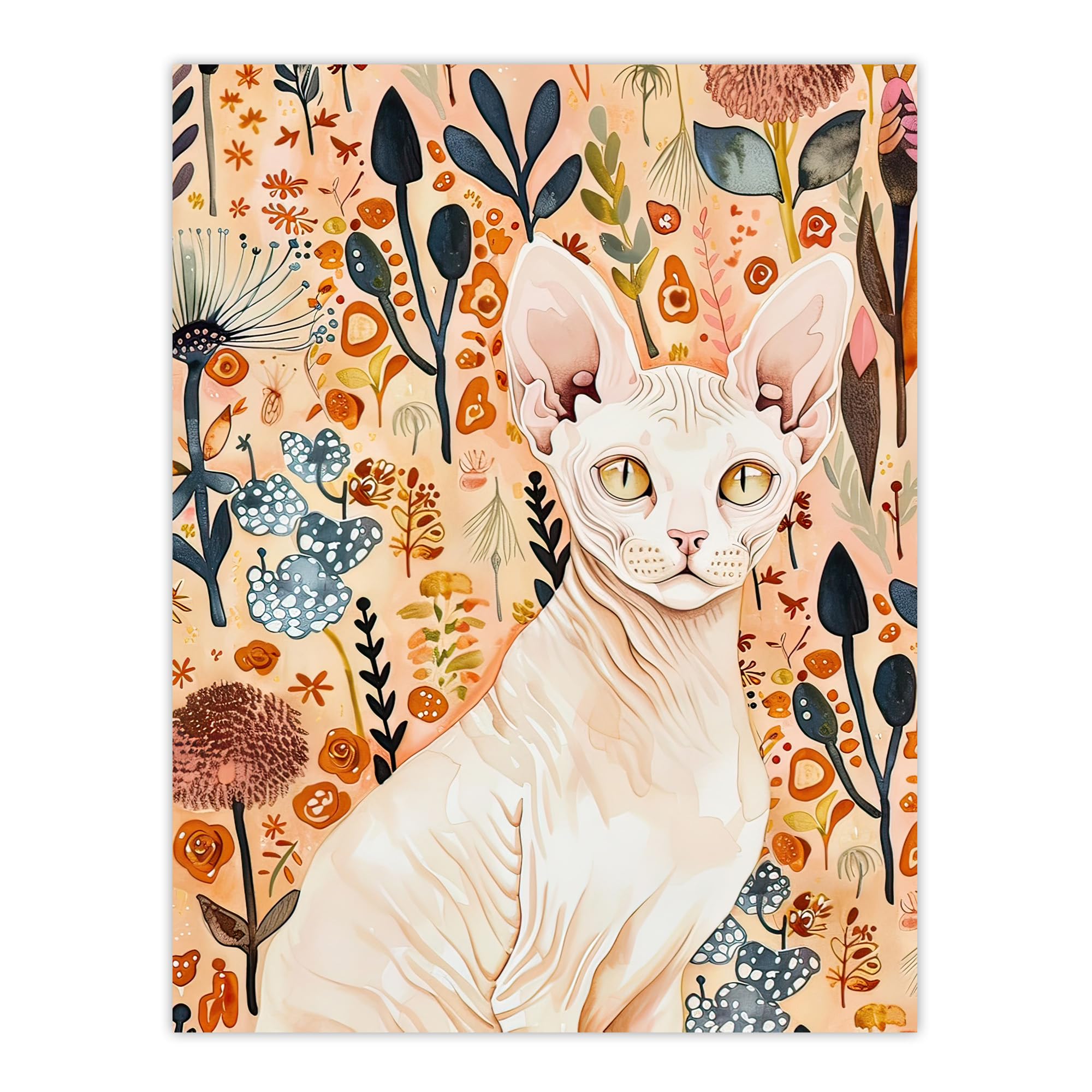 Artery8 Sphynx Cat in Autumn Wildflowers Watercolour Living Room Large Wall Art Poster Print Thick Paper 18X24 Inch