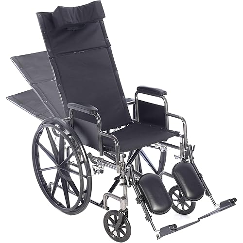 24” Reclining Wheelchair with Elevating Legrests, Headrest Support, Removable Full Arms, and Rear Anti Tippers - Black - Nylon - 450LB Capacity - Chariot-RC Wheelchair