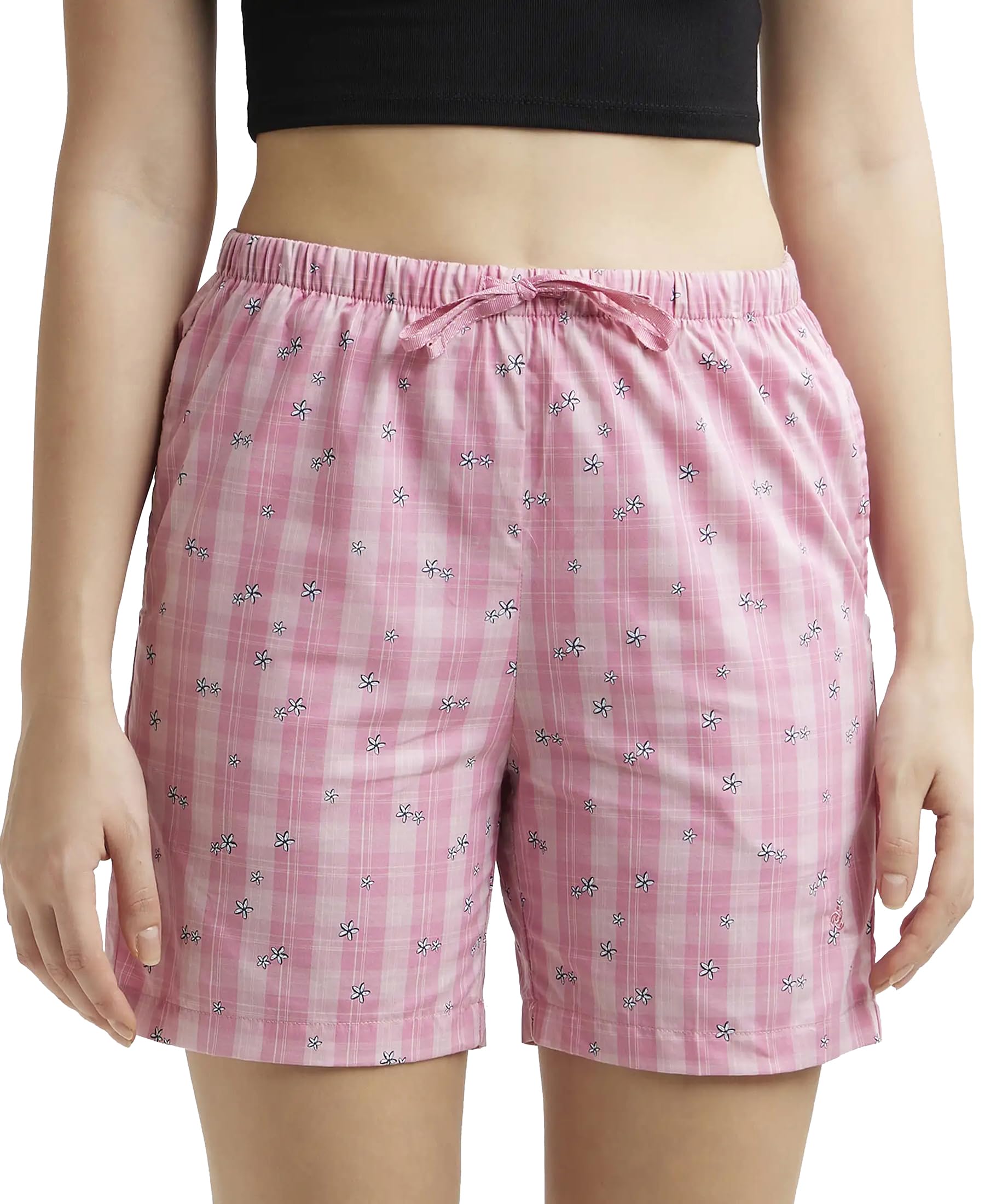 Jockey RX15 Women's Super Combed Cotton Woven Relaxed Fit Checkered Shorts with Side Pockets (Prints May Vary)_Wild Rose_S