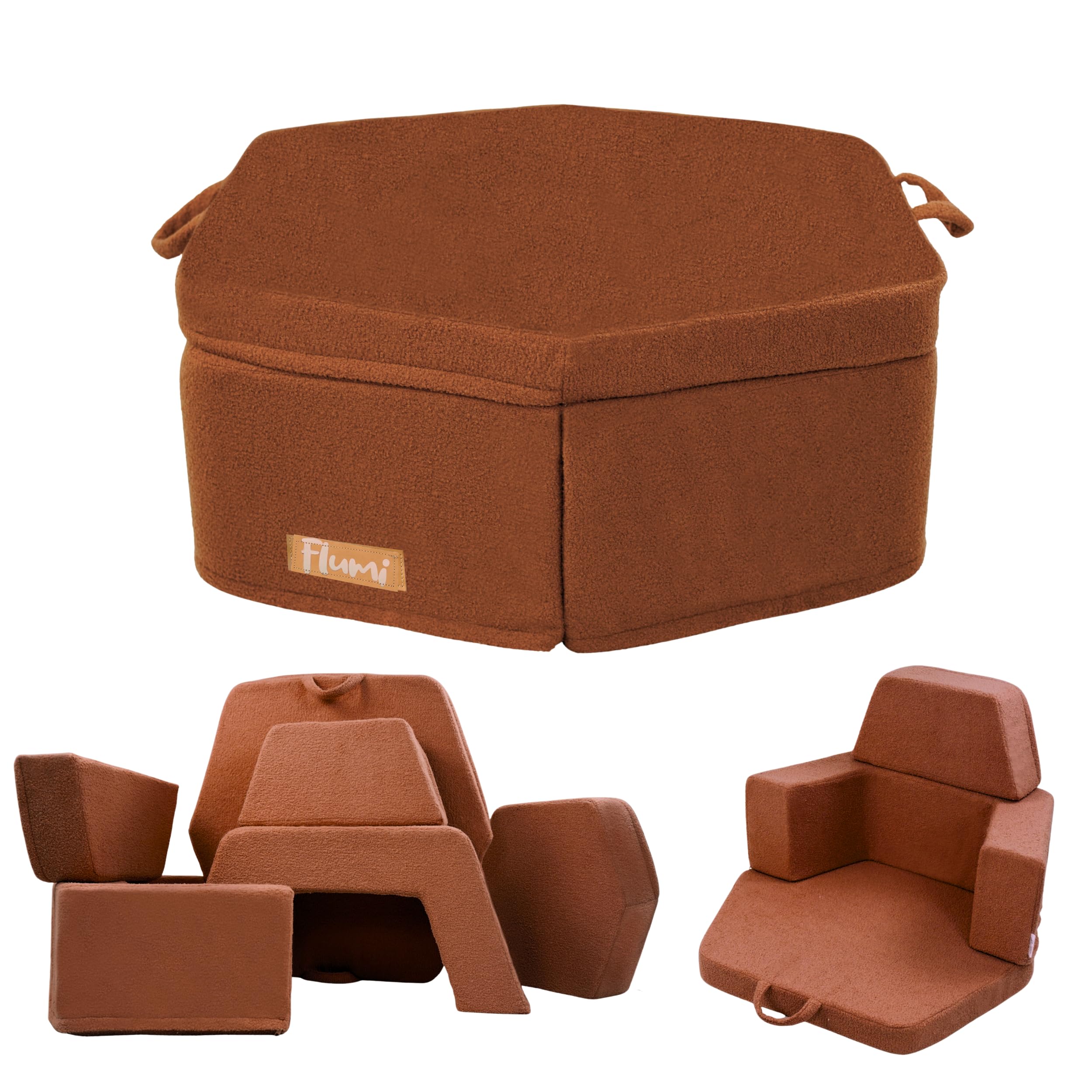 Flumi Kinderspielplatz aus Schaumstoff Montessori 6-teiliges Indoor Spielset, modulare Softbausteine für motorische Entwicklung mit waschbarem Bezug (braun Boucle)