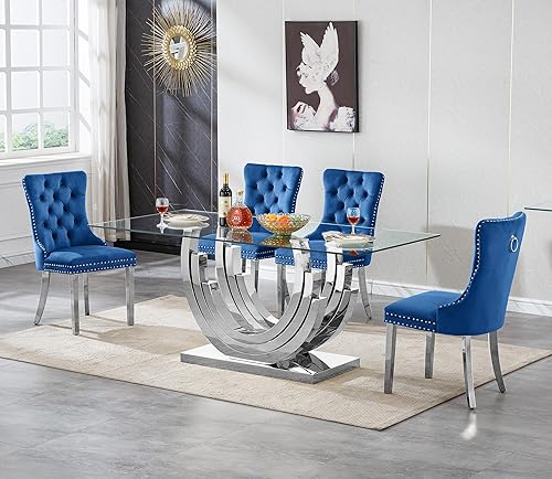 Miniatura 65 de Juego de 5 mesas de comedor de cristal plateado, mesa rectangular moderna de cocina y comedor de 70 pulgadas para 4, mesa de comedor de vidrio Mesa