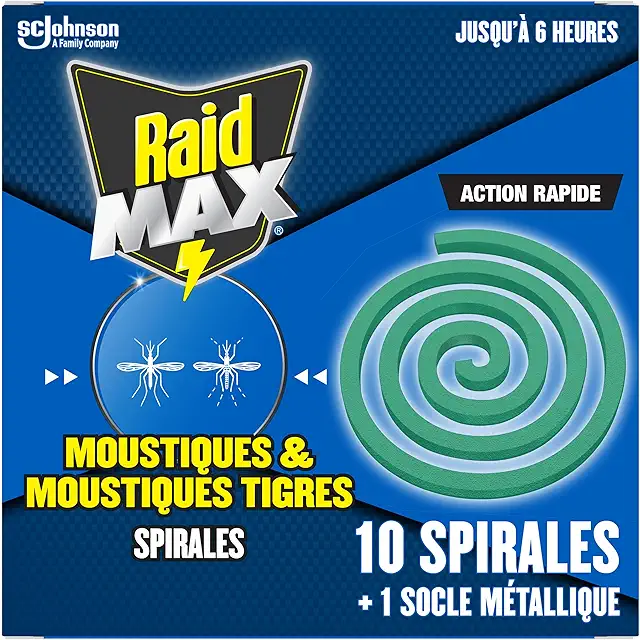 Raid Max Spirales Anti-Moustiques - 10 Spirales + Socle Métallique - Usage Extérieur