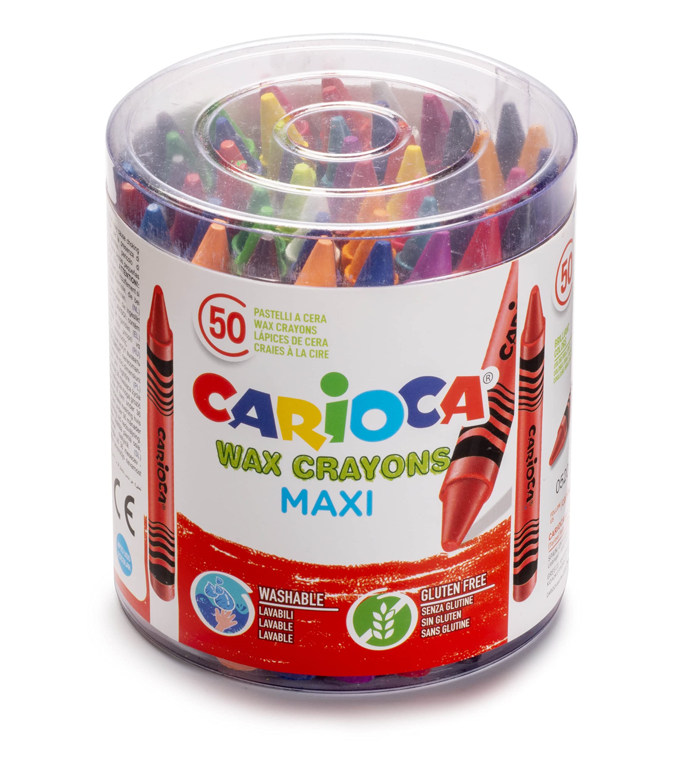 Carioca Maxi Wax Crayons, Lápices de Cera con Punta Gruesa Lavables para Niños, Suave y Fluido, 24 Colores Luminosos Surtidos, Fácil de Sacar Punta, 50 Piezas