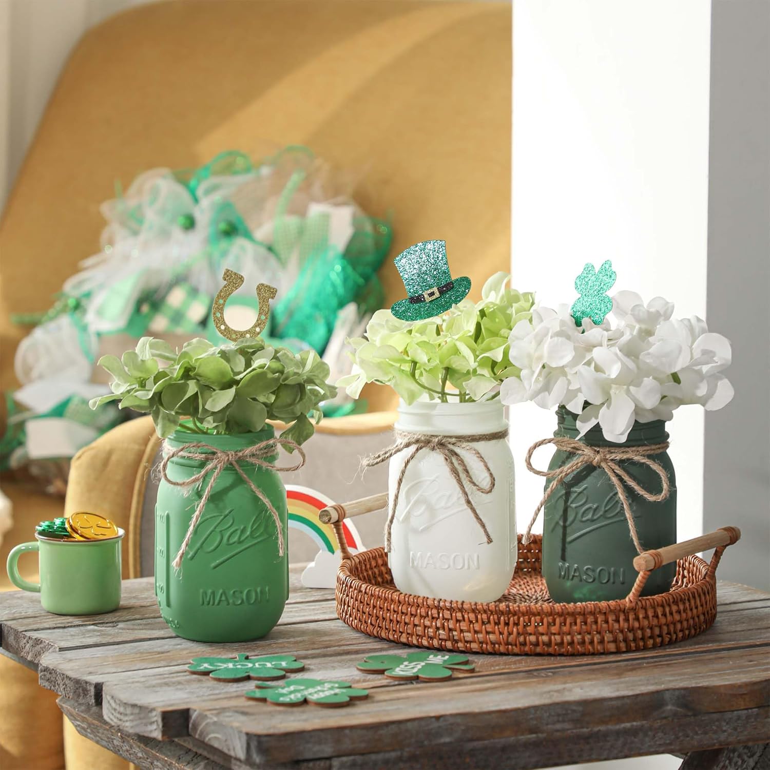 St Patricks Day Mason Jar Decorations, Green Mason Jar Centerpiece for Table with Wood Tray & Flowers, Set of 3 Decorative Jars for St Patrick Green Table Decor, Spring Decor - Image 5