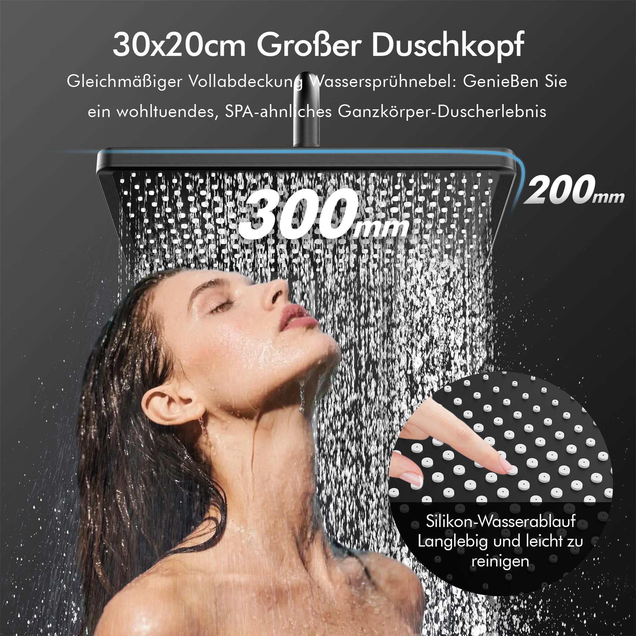 HOMELODY Duschsystem mit Thermostat und Glasablage Schwarz - 30x20cm Groß Kopfbrause Regendusche und 3 Strahlarten Handbrause, 2 Klavierknöpfen Duscharmatur Komplettset, Duschgarnitur mit Regendusche