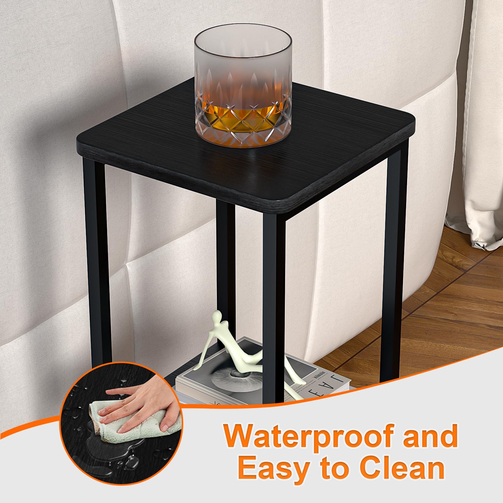 GHIMIGN 10" Wide Square Drink Table with Adjustable Feet - 3-Tier Small Side Table for Apartments, Balcony & Office | Space-Saving, Lightweight & Multi-Functional (Plants, Books, Drinks,Black) 3