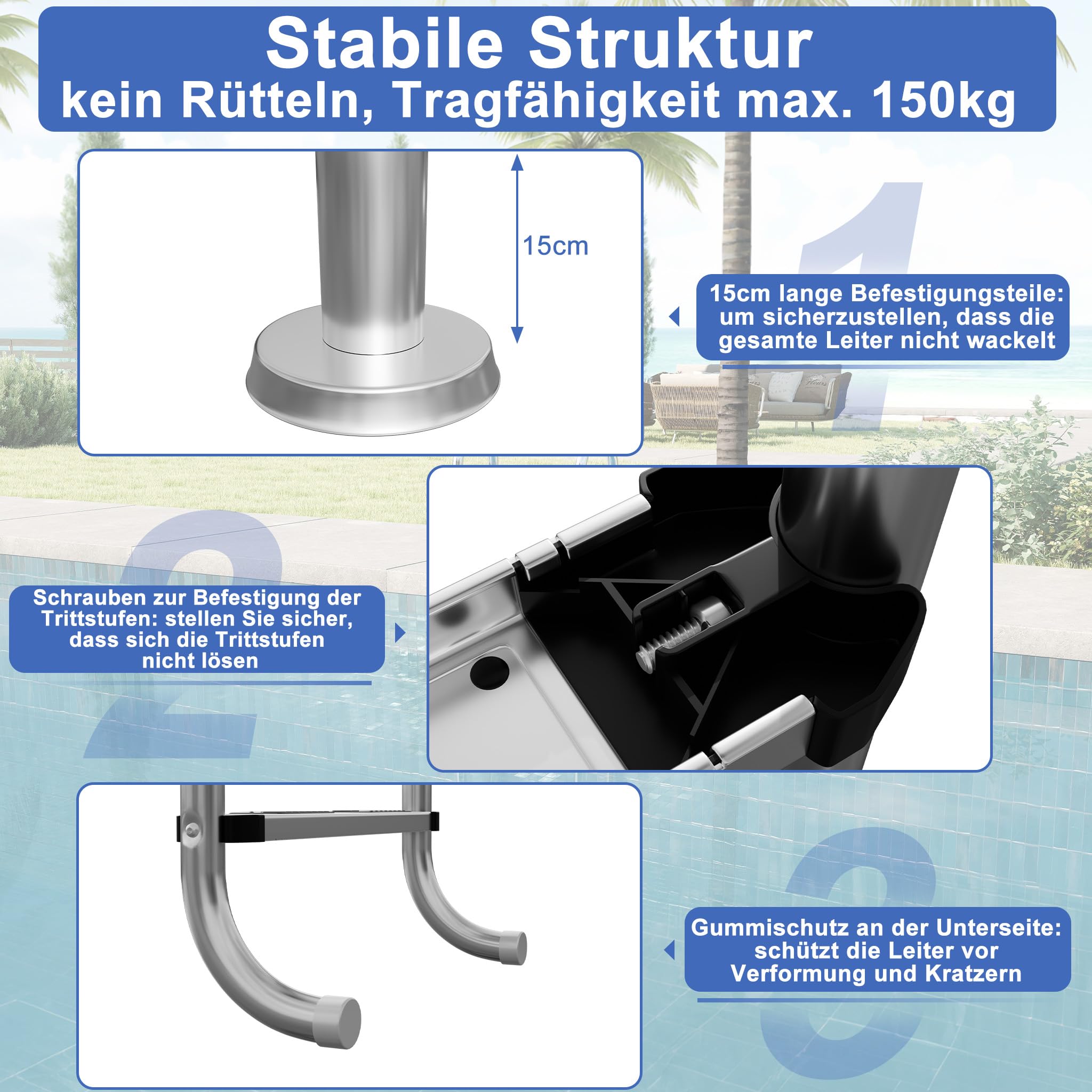 Froadp Roestvrijstalen zwembadladder met 3 antislip treden, zwembadtrap, 132 x 54 x 26,5 cm, tot 150 kg belastbaar, instapladder voor zwembad en zwembad, zilver