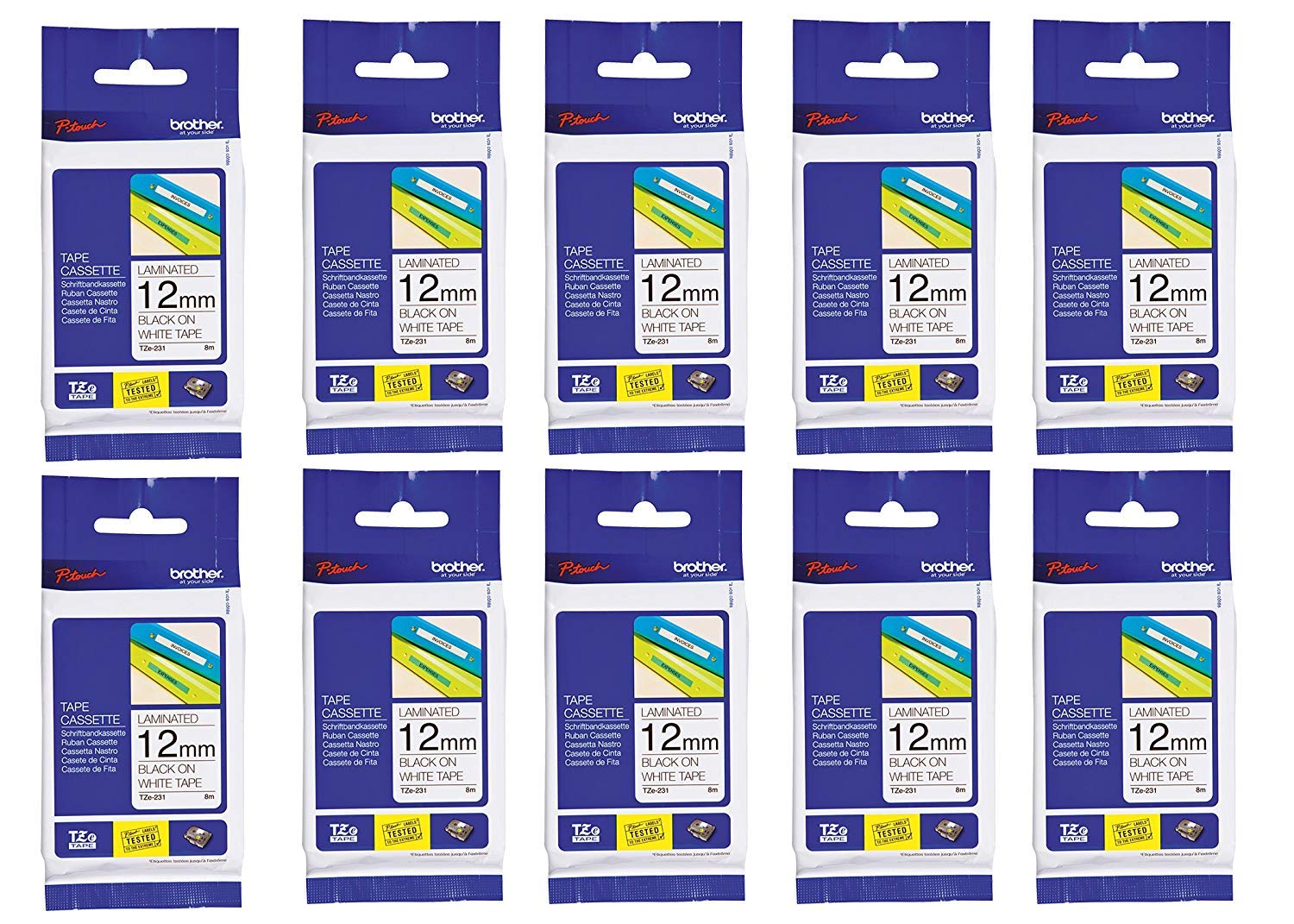 brother TZE-231 Schriftbandkassette P-Touch, 12 mm, schwarz/weiß (10 Stück)