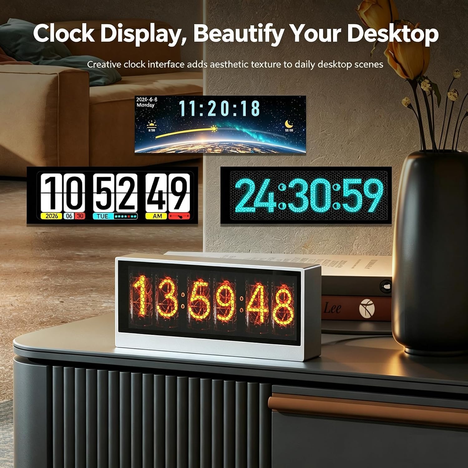 Lampada ritmica Spectrum con orologio, 7 effetti visivi, luminosità regolabile, ideale per studio Hi-Fi, gaming e decorazione desktop. VU meter da scrivania.