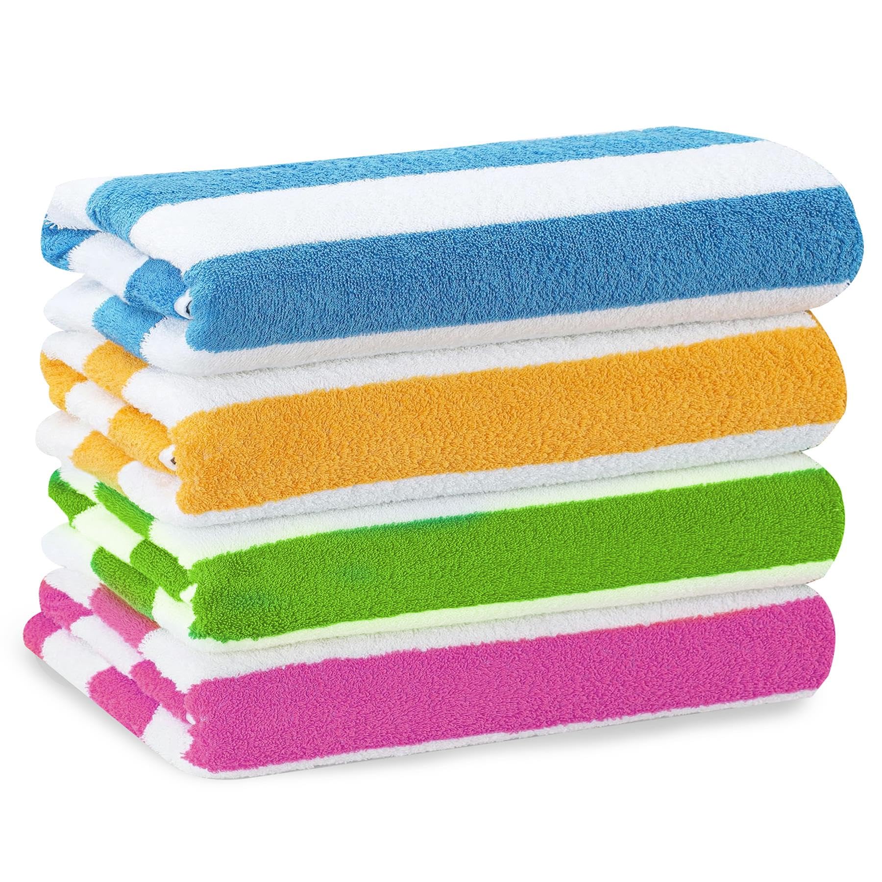 GEEZY Set of 4 Microfibre Beach Towels, 70 x 140cm - Quick Dry & Sand Free | Vibrant blue, pink, green & orange striped family pack. Absorbent & lightweight fabric wicks water fast for pool trips.