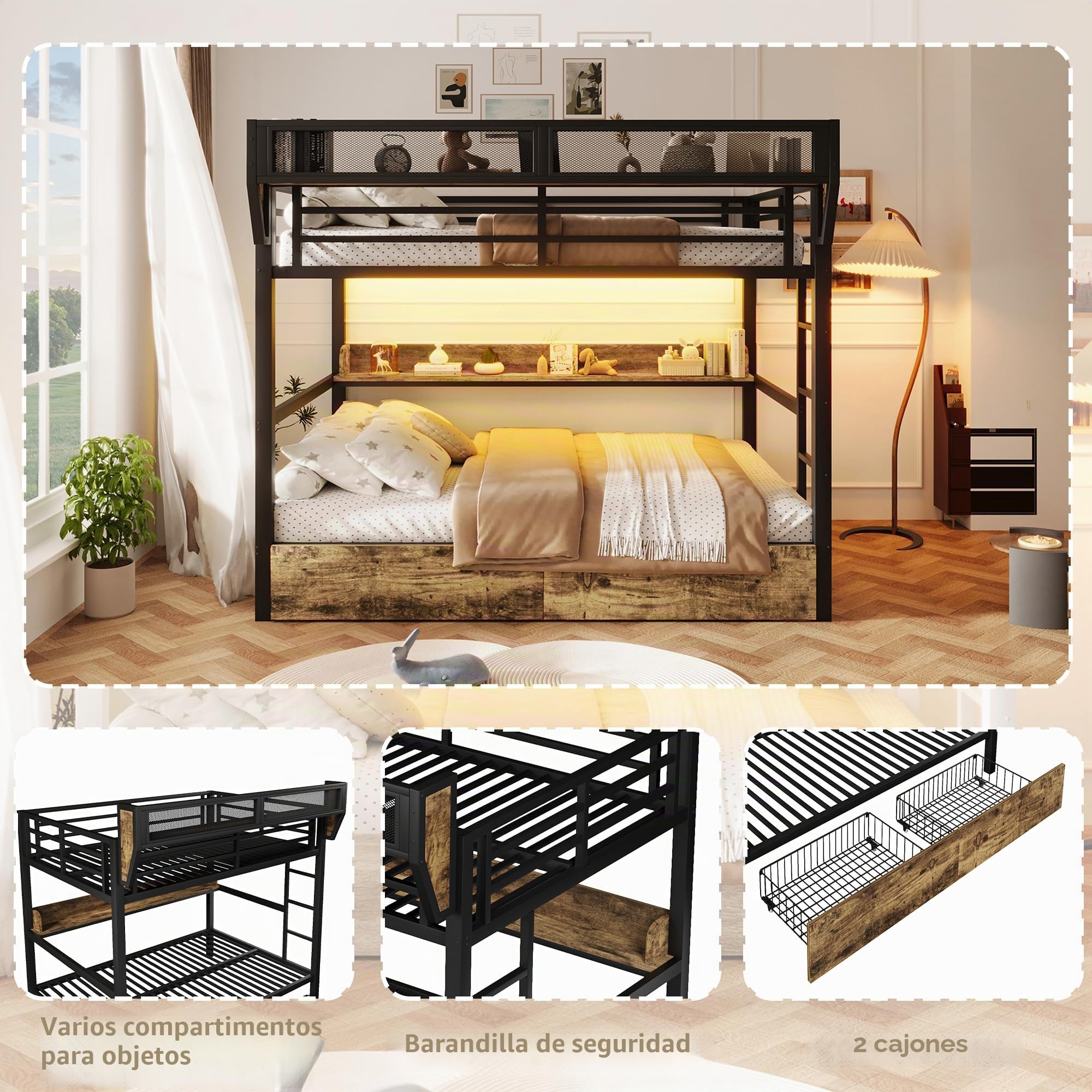Soweiz Litera de hierro, cesta de almacenamiento, 2 cajones de hierro, luz LED, sin colchón (negro, 140 x 200 cm)