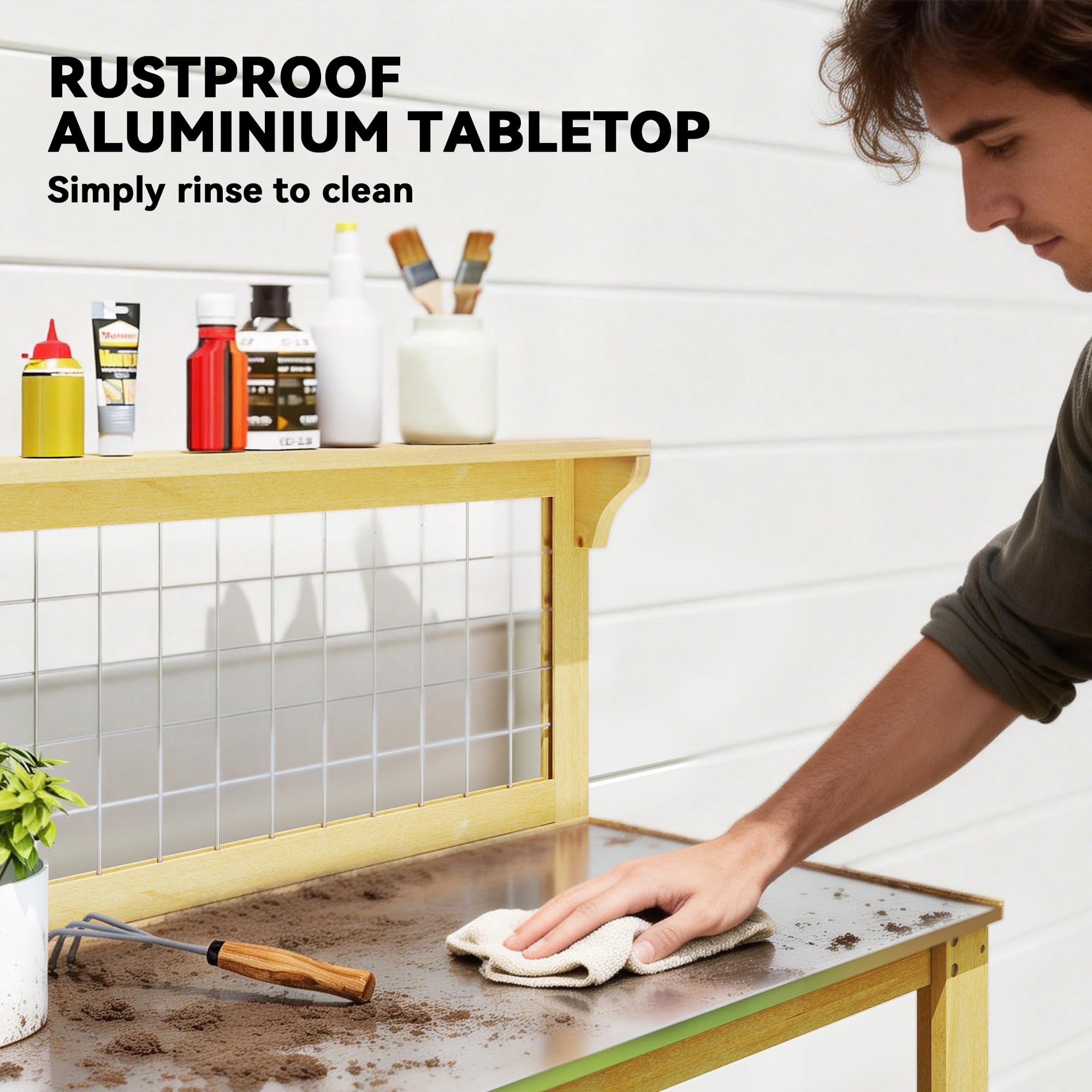 Outsunny Mesa Trabajo Madera macetas 100x48x119cm Amarillo | Superficie aluminio, Banco jardín exterior, Diseño rejilla, 2 estantes, bricolaje, Estación plantación, patio, jardín