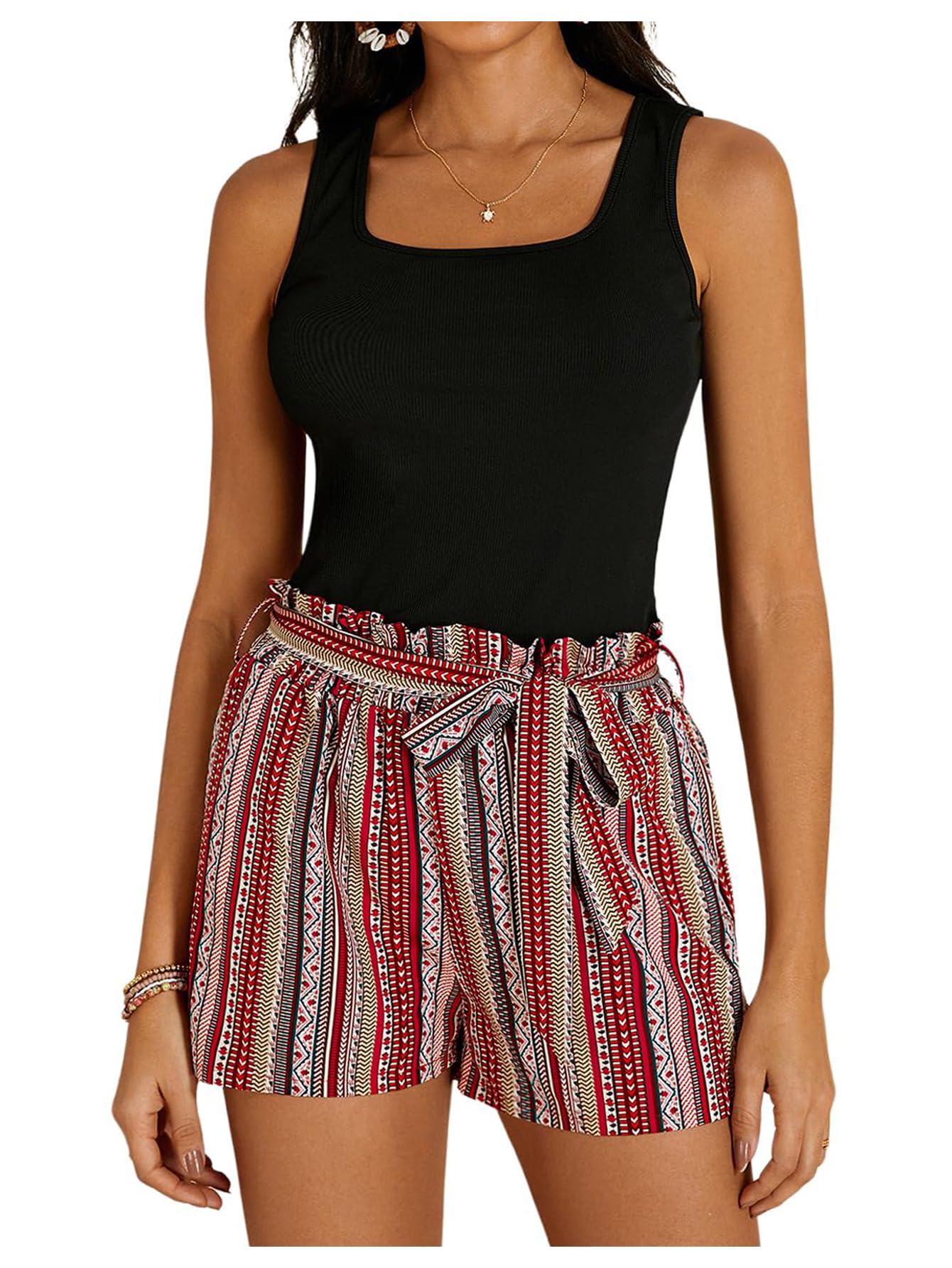 BEAUDRM Women's 2 Piece Solid Square Neck Pullover Tank Top and Floral Print Belted Shorts Sets