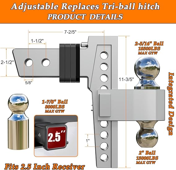 VNN Adjustable Drop Hitch 2.5 Inch Receiver - Interchangeable 3 Solid Ball Mount 1-7/8, 2, 2-5/16(18,500 LBS GTW), Heavy Duty Aluminum Trailer Hitch 8 Inch Drop with Pads and Locking Sets