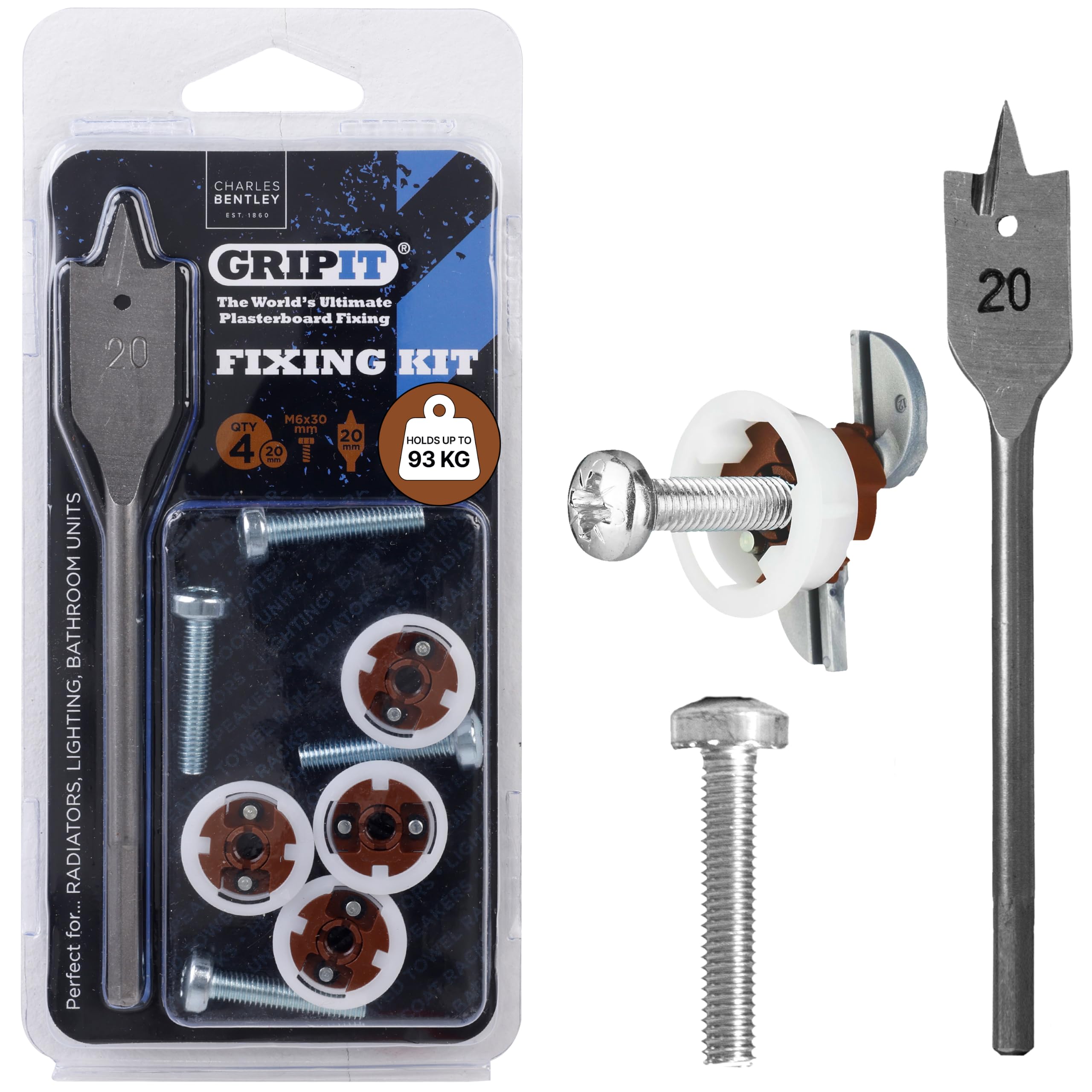 Gripit Brown Heavy Duty Plasterboard Fixings – Cabinet Kit – Pack of 4 – Holds Up to 93kg – Ideal for Drywall Anchor, Stud Wall Fixings, Cabinet Wall Fixings, Radiators, AV Equipment & Lighting