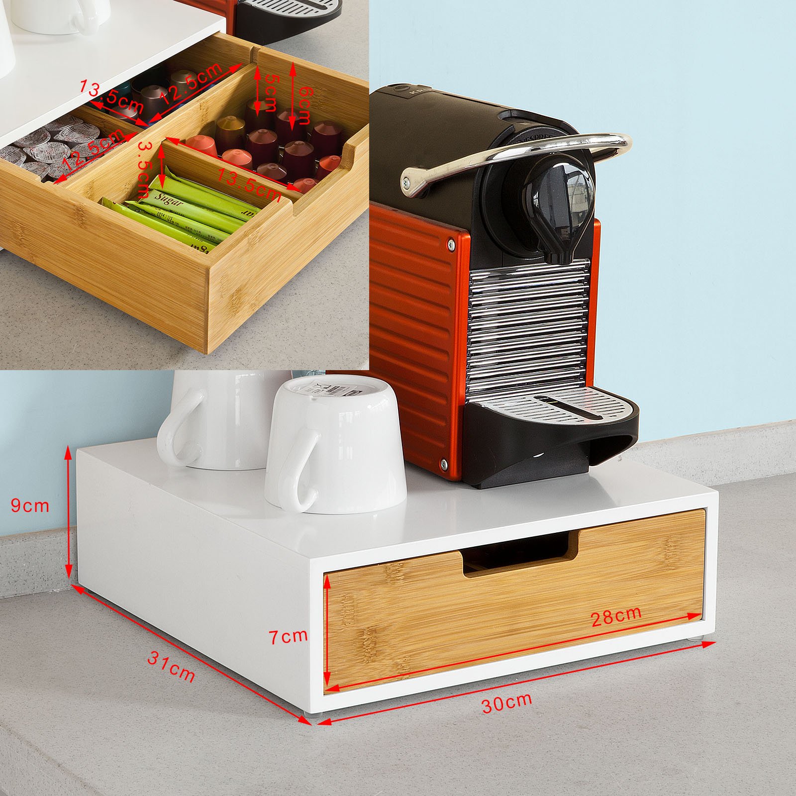 SoBuy Boîte à thé en bois compartimentée – Tiroir de rangement capsules ou sachets de thé – Organisateur compact avec pieds antidérapants pour cuisine ou bureau 31×30×10cm FRG179-WN