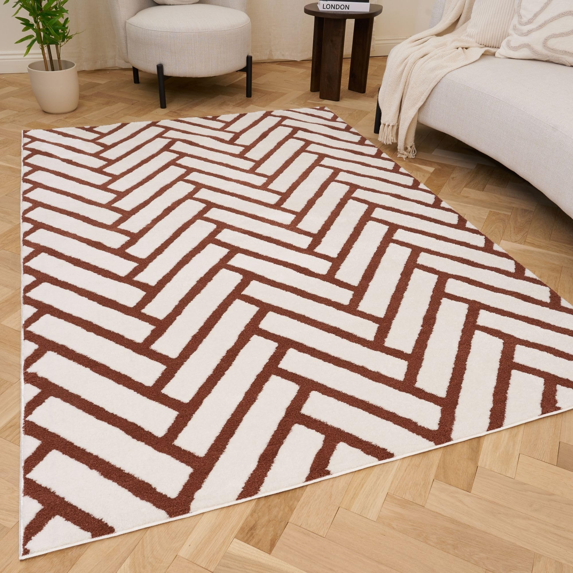 THE RUGS Living Room Rug, Loft Collection – Modern Textured 14mm Soft Pile Area Carpet, Non-Shedding & Easy Care [ Chevron Terra, 80x150 cm]