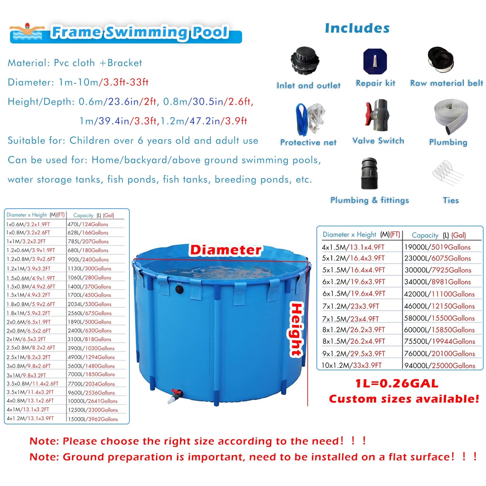 Piscina Fuori Terra/Telaio Acciaio Piscina Esterna Fuori Terra, Grandi Piscine Per Famiglie/piscine Idromassaggio Da 1, 2, 3 E 4 M, Piscina Per Bambini, Laghetto/vasca Per Pesci Koi(2.6X1.2M - 6368L/