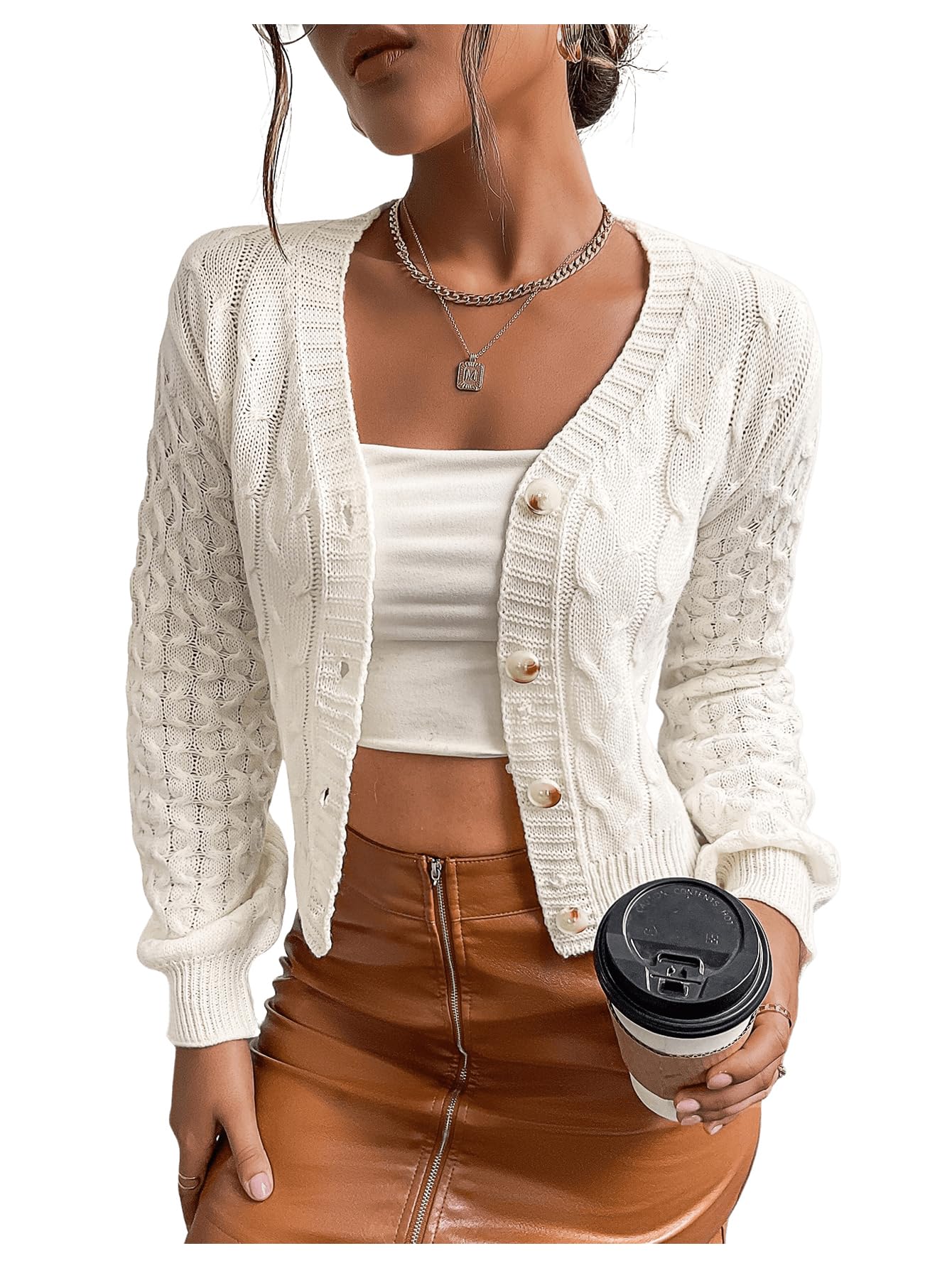 Verdusa Womens Cable Chunky Cardigan Sweaters Button Up Short Fall Outerwear Clothes