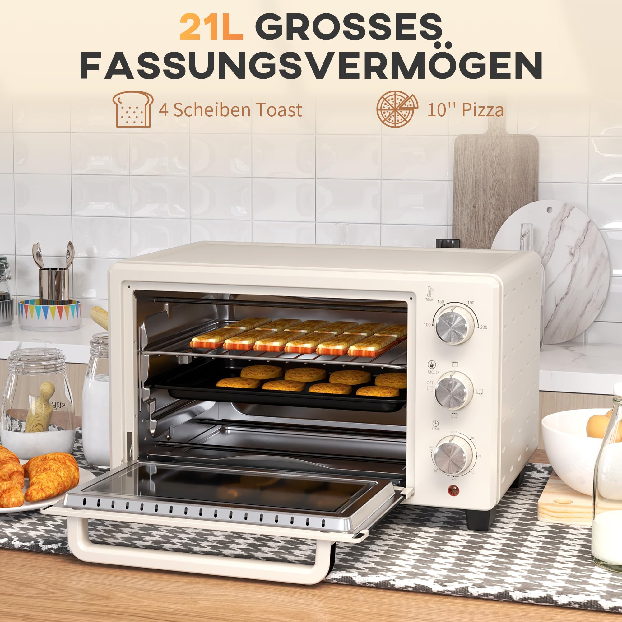 HOMCOM Mini four à pizza de 21 l, miniofen inkl. Backblech, Grillrost und Krümmelblech, 1400W Tischbackofen mit 1h Timer, Ofenrost, 100-230℃, Metall, Creme
