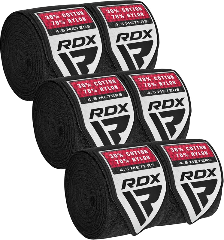 RDX Vendas de Boxeo 4.5M / 180 Pulgadas - Guantes Interiores Semielásticos de MMA Estilo Mexicano - Muñequera para Muay Thai, Kickboxing, BJJ, Karate - Lazo para Pulgar y Cierre de Gancho y Lazo - Mezcla de Algodón y Nylon