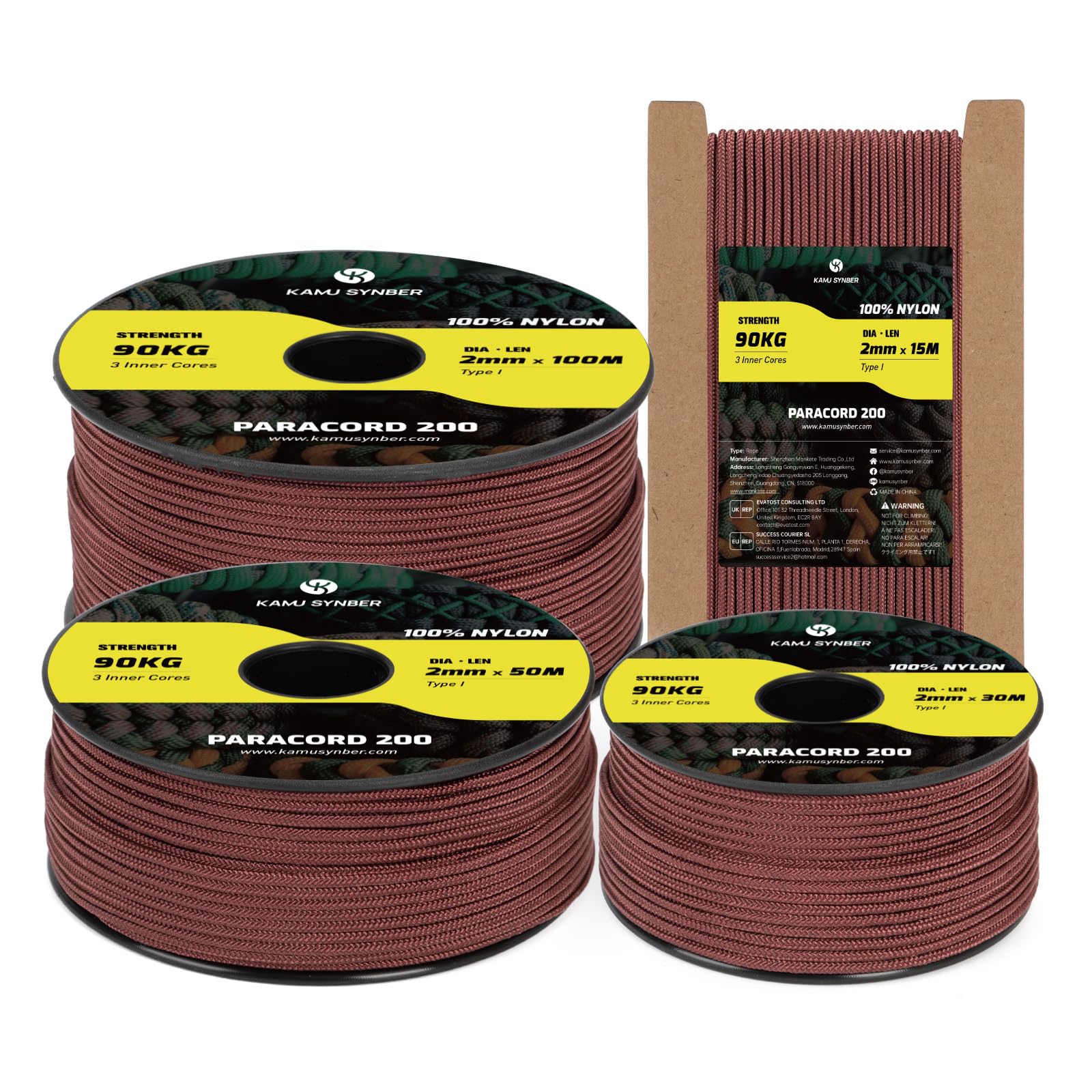 Kamu Synber Paracord 2mm 30M Seil 100% Nylon Schnur mit 3 Kern Reißfeste Typ I für Basteln, Outdoor, DIY, Camping | Tragkraft 90kg | Schokoladenbraun