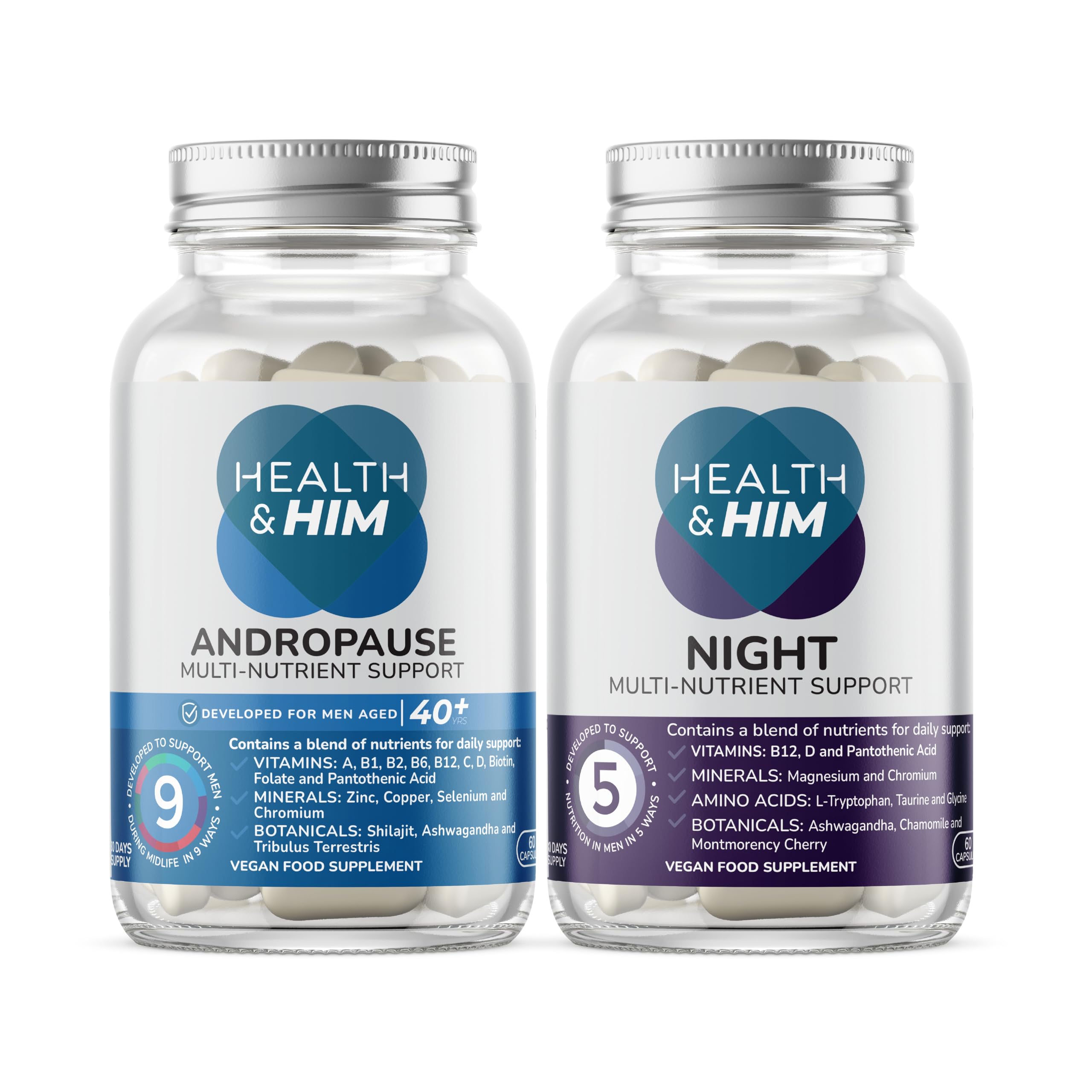 Health & Him Vitamins for Men - Andropause 40+ & Night Bundle - Supplements for Men - Vegan - 1 Month Supply (Bundle)
