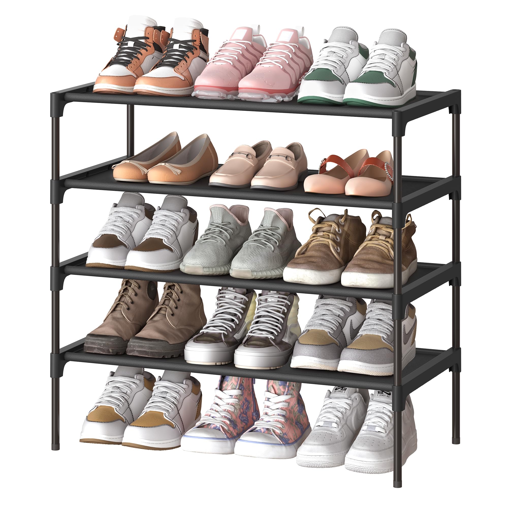 SONGMICS Shoe Rack, 4-Tier Shoe Storage Organizer, Space-Saving, 11.6 x 24.5 x 27.7 Inches, Entryway, Metal Frame, Non-Woven Fabric Shelves, Ink Black ULSH024BH01S