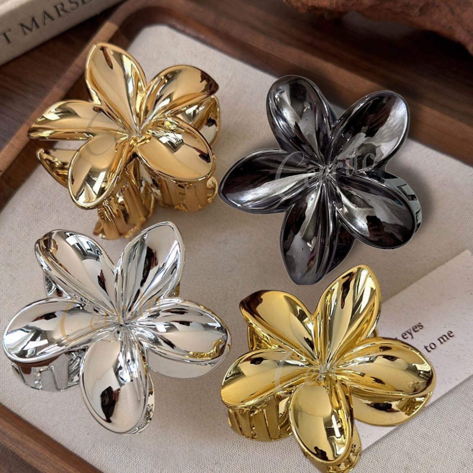 Cerrito Metallic 3 Pcs Flower Hair Claw Clip for Women – Large Strong Grip Cluture with Durable Spring, Metal-Like Gold Silver Rose Gold Finish, Stylish Hair Accessory for Thick, Long & Curly-image-24