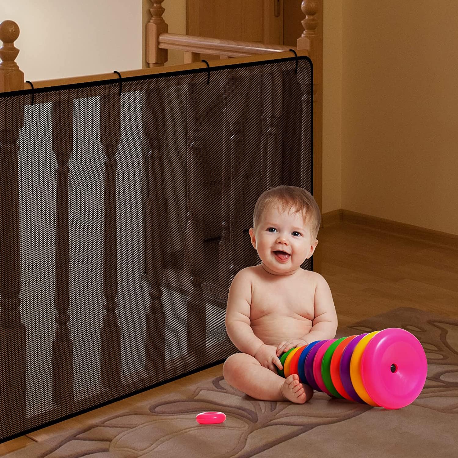 Child Safety Net 2 Sets, Durable Banister Guard for Baby Safety Stairs Railing Balcony Cribs, Banister Stair Mesh Baby Proofing, Easy to Install Stair Netting for Kids, Pets, Toys (Black, 3 x 0.79 M))