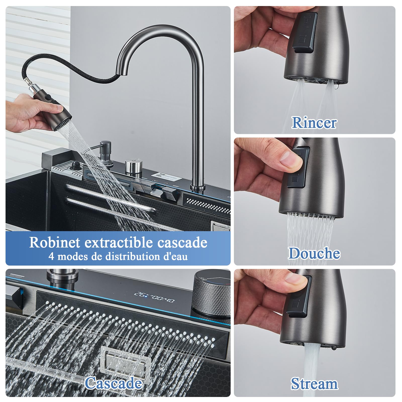 Évier de cuisine en acier inoxydable Évier de cuisine à cascade Évier multifonctionnel à affichage numérique avec nouveau robinet à double mode et accessoires multiples