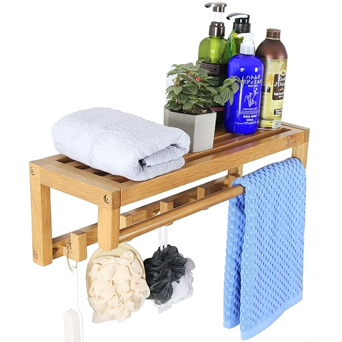 22Inch Towel Rack with Bars and Hooks, 2 Tiers Wooden Towel Racks for