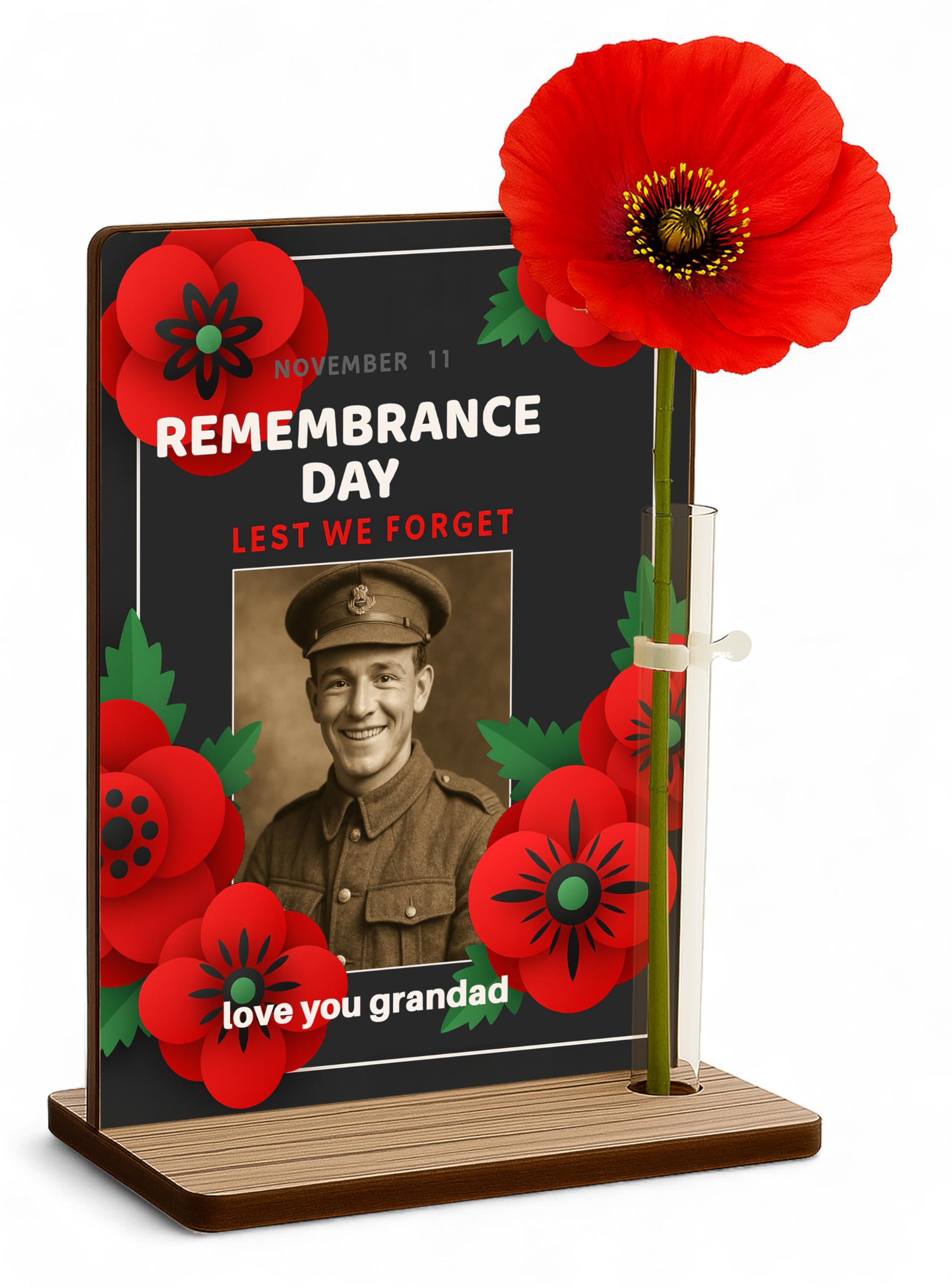 Personalised Remembrance Sunday Poppy Freestanding Memorial Lest We Forget Plaque Photo & Flower Holder (Remembrance Day)