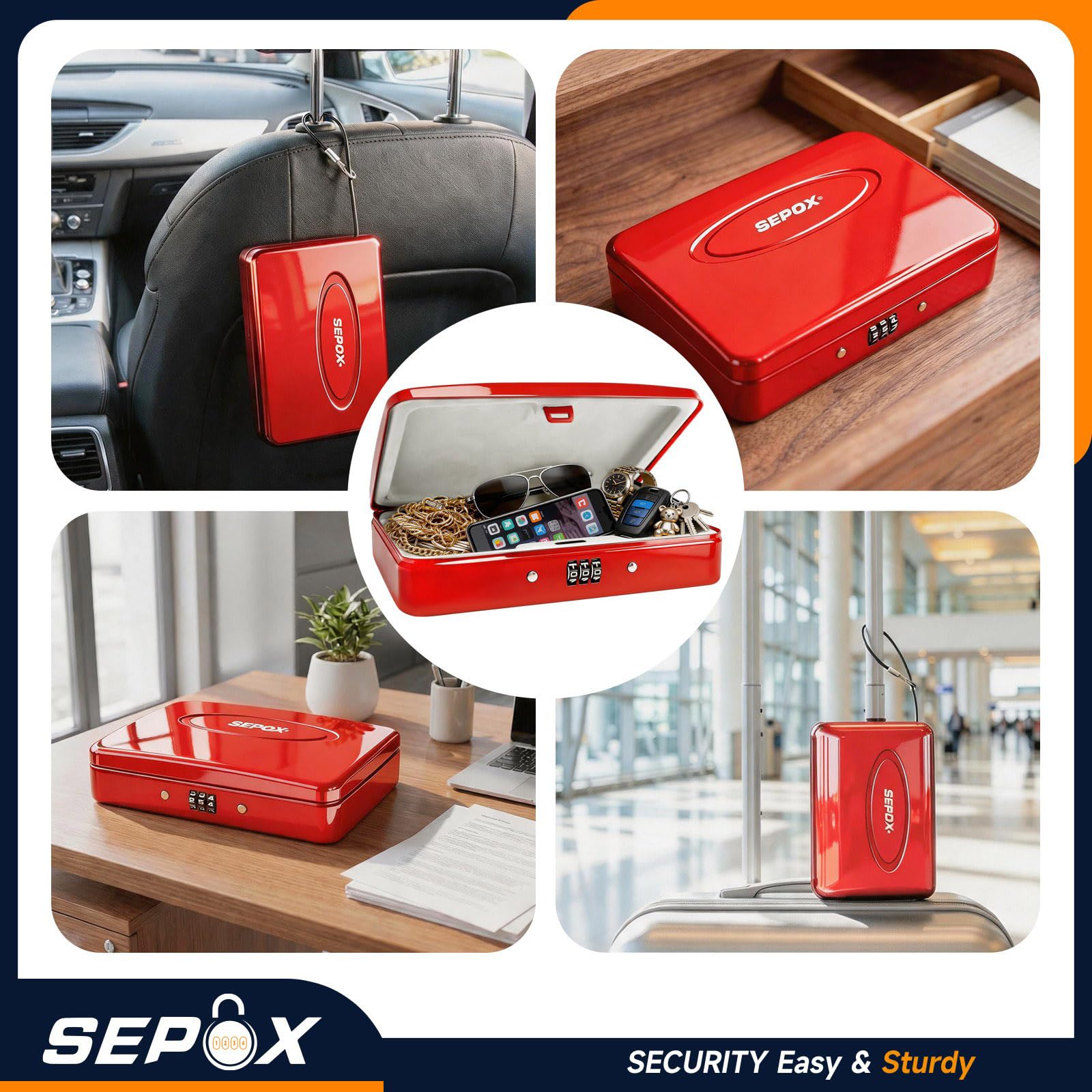SEPOX® Twins - Cassetta di sicurezza portatile in acciaio, per piccoli oggetti, con cavo da 9 m e serratura a combinazione richiudibile, per dormitorio, auto, sport, ufficio (rosso)