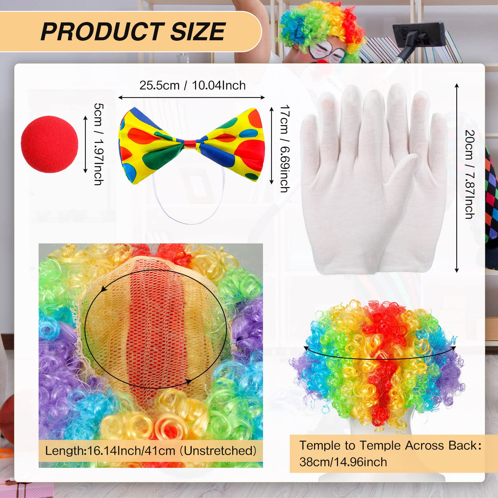 4 Pcs Clown Costume Set Includes Rainbow Wig Nose White Gloves Bow Tie Clown Outfits Unisex Accessories for Women Men Carnival Cosplay Pretend Play Circus Party Props - Image 3