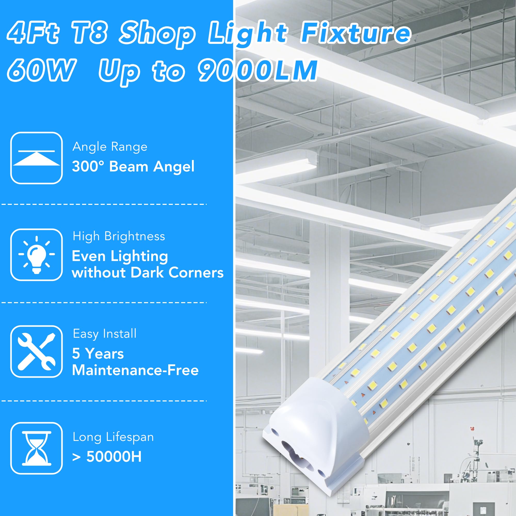 T8 LED Shop Lights 4FT Garage Light 6 Pack 60W 9600LM 6000K Daylight Work Lights Ceiling LED Linkable — view 2