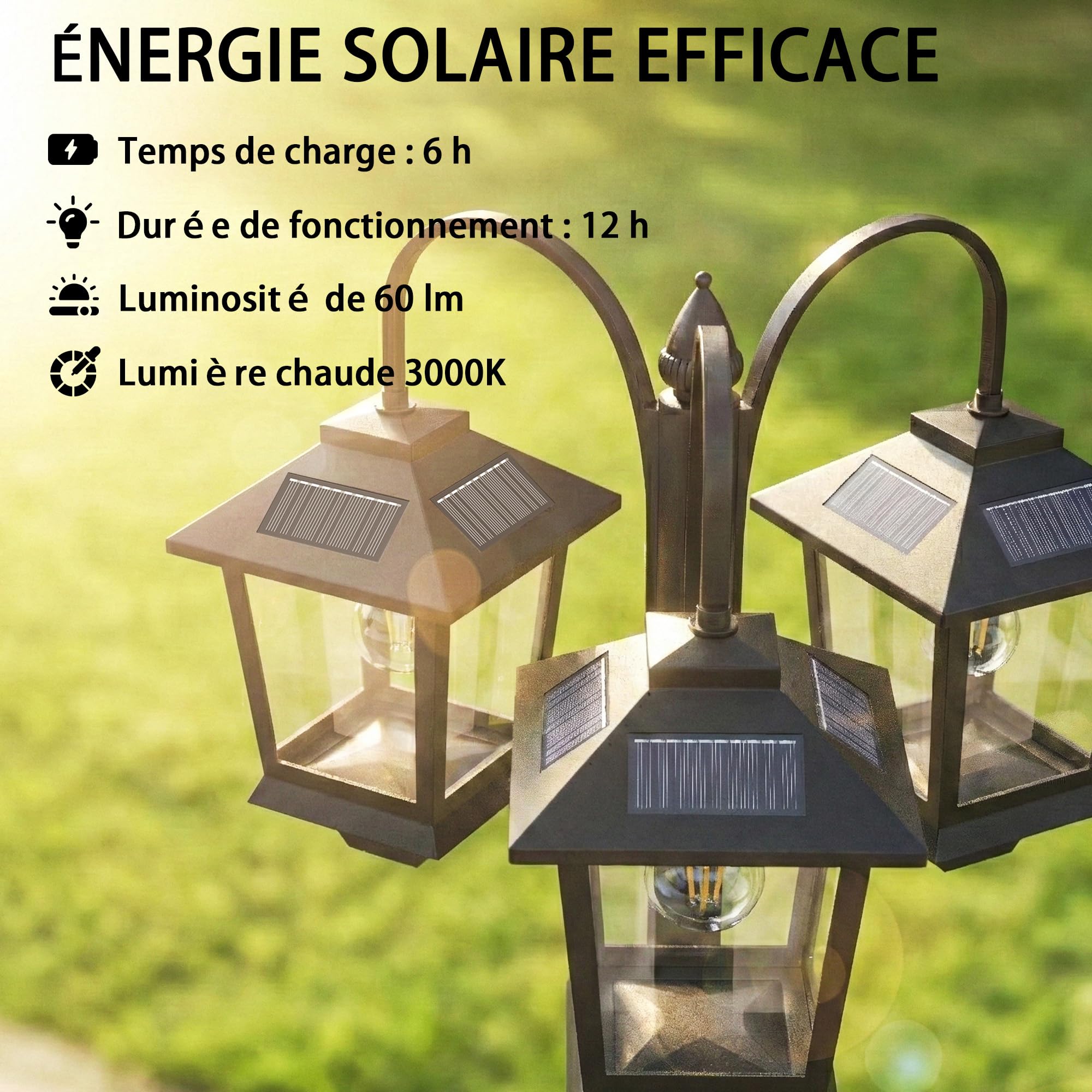 Outsunny Lampadaire extérieur sur pied à 3 têtes LED IP44 188 cm Noir