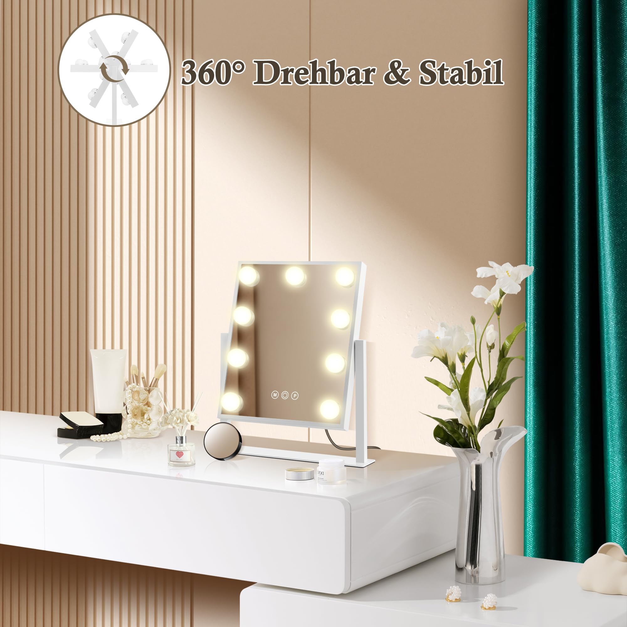 Espejo de maquillaje con iluminación, 30 x 36 cm, espejo Hollywood con 9 LED y 3 modos de luz, espejo de mesa Vanity con 40 aumentos para dormitorio y tocador