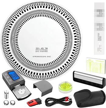 Turntable Cartridge Alignment Kit 8PCS - Digital Stylus Force Scale, Azimuth Ruler, Protractor, Bubble Level, Turntable Strobe Disc Mat, Phonograph Turntable Ground Wire and Anti-Static Record Brush