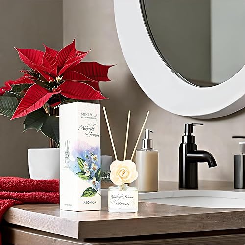 Miniatura 4 de Aronica Mini difusor Sola, aroma a jazmín de medianoche, 1.35 onzas, ambientadores naturales para decoración de baño de larga duración, varillas