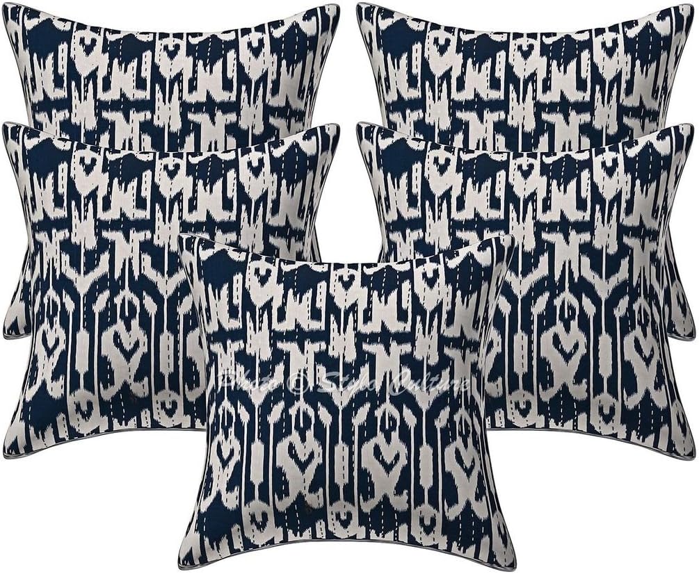 Bohemian Decorative Sofa Settee Accent Throw Pillow Covers 40x40 cm Cotton Living Room Dark Blue Ikat Printed Kantha Square Luxury Envelope Indian 16x16 Inch Cushion Covers - 5 Pcs