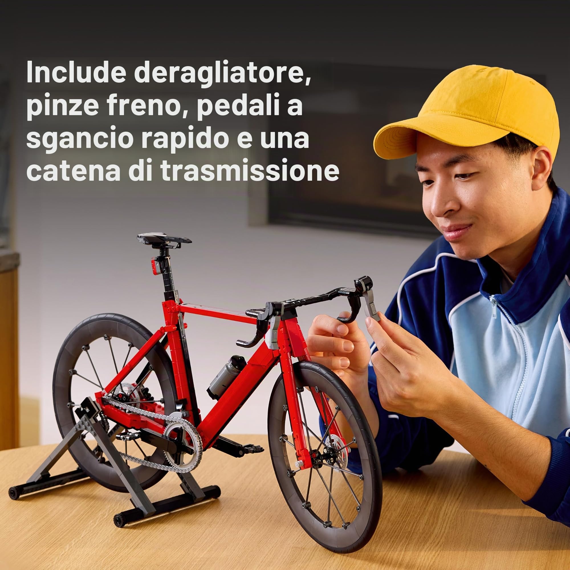 BRICK Flip LEGO 11380 - Bicicletta da corsa con piastrelle stampate, ruote Legorad con pneumatici in gomma, deragliatore posteriore e supporto ruota posteriore come scrivania