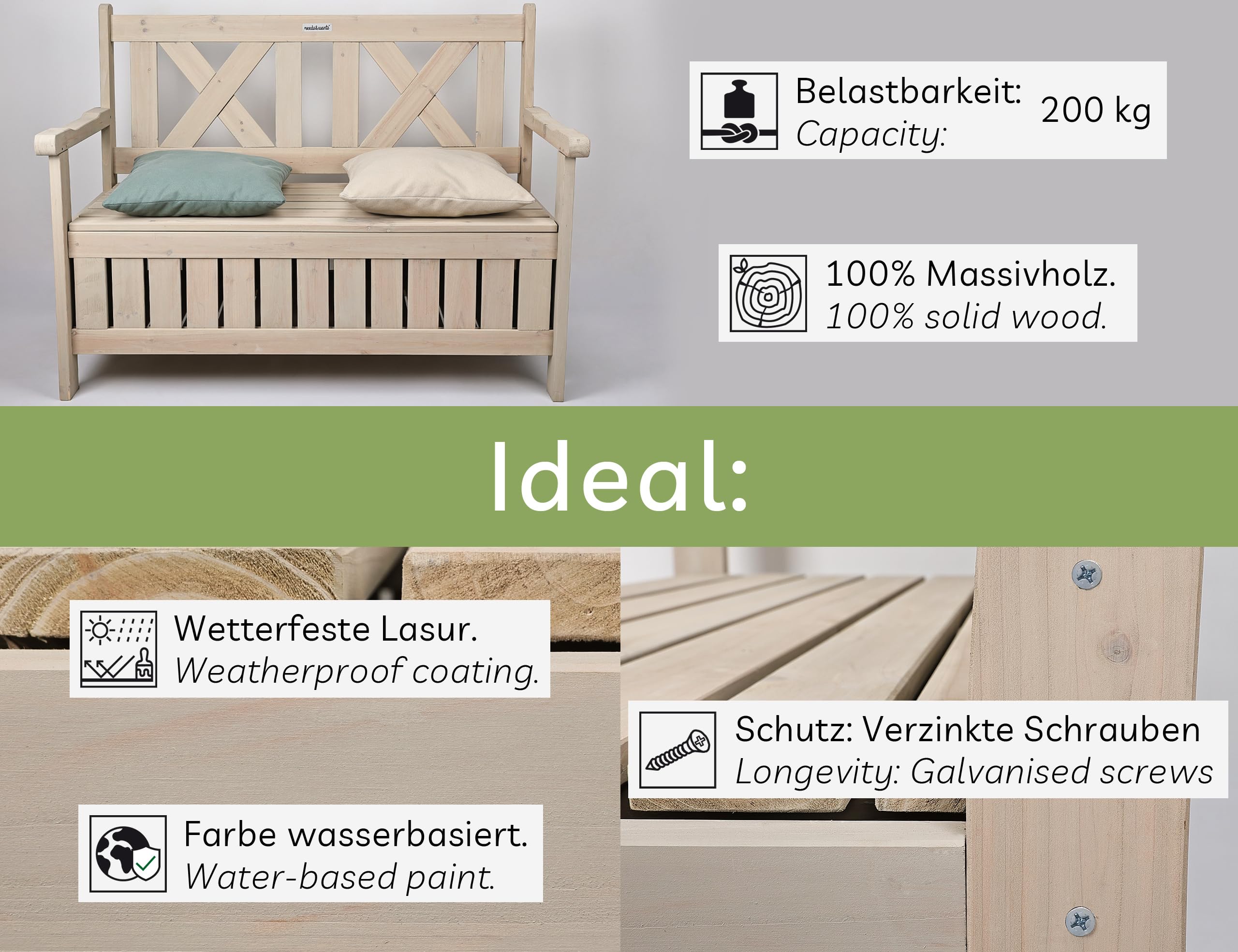 needs&wants® Gartenbank Holz wetterfest mit Stauraum und Abdeckung, 2-Sitzer Truhenbank Holzbank klassisch, Parkbank Sitzbank massiv Garten Outdoor mit Truhe, Naturholz Massivholz, grau-beige
