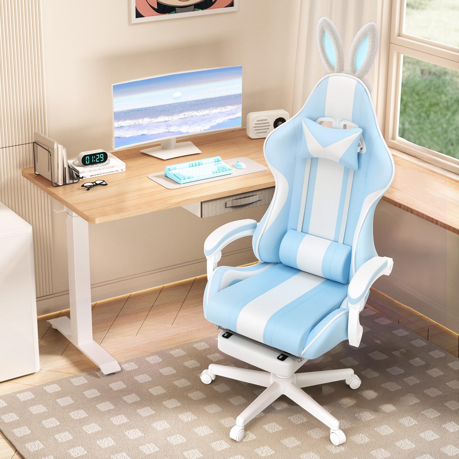 Huracan Gaming Stuhl Ergonomisch mit Fußstütze, Niedlicher Computerstuhl mit Katzenohren und Schwanz, Stoff Gamer Stuhl mit Massage-Lendenkissen, Höhenverstellbar, Komfortsitz, Hellblau