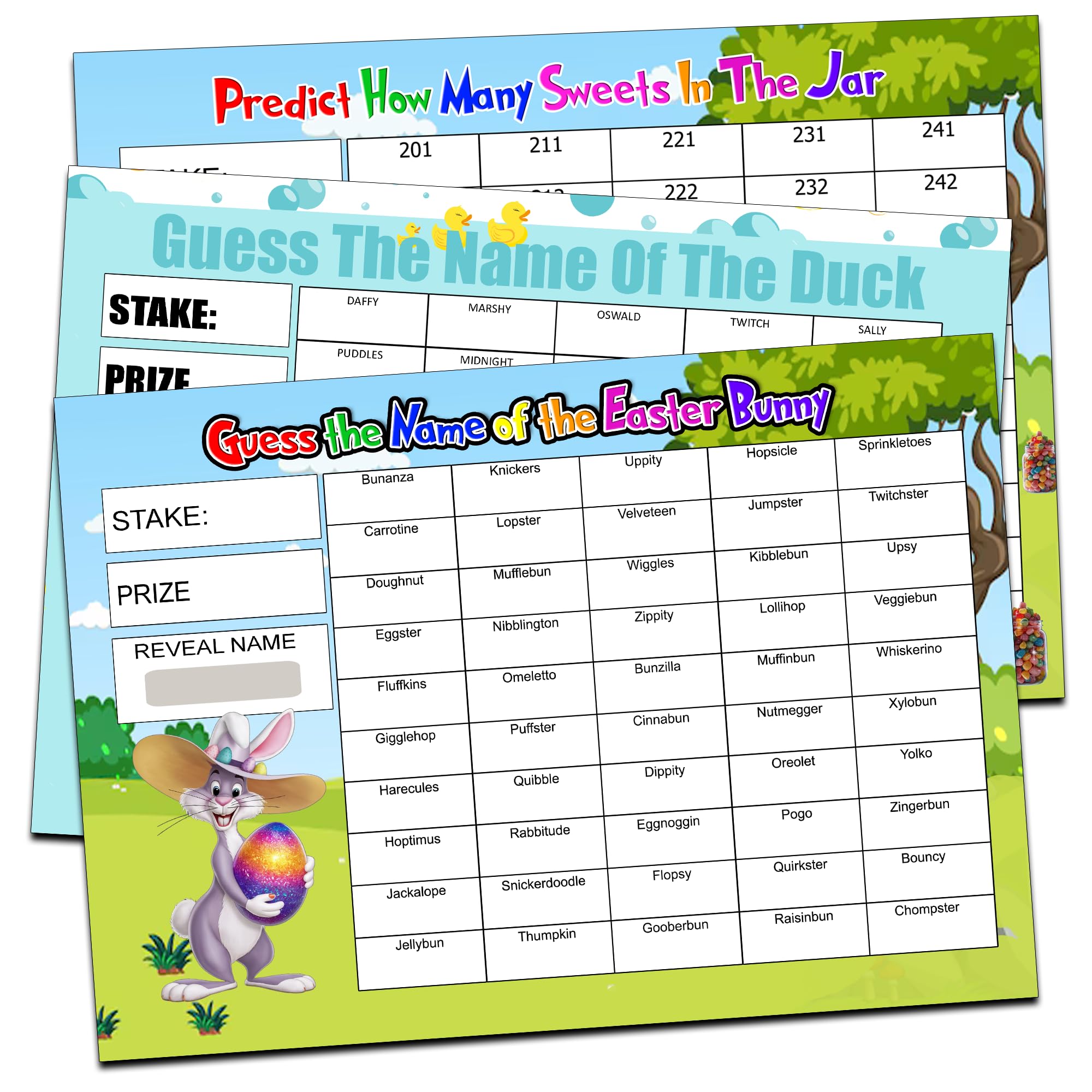 Easter Themed Fundraising Scratch Cards, 3 Pack with Bunny, Sweets, and Duck Designs, A4 Size, 50 Names