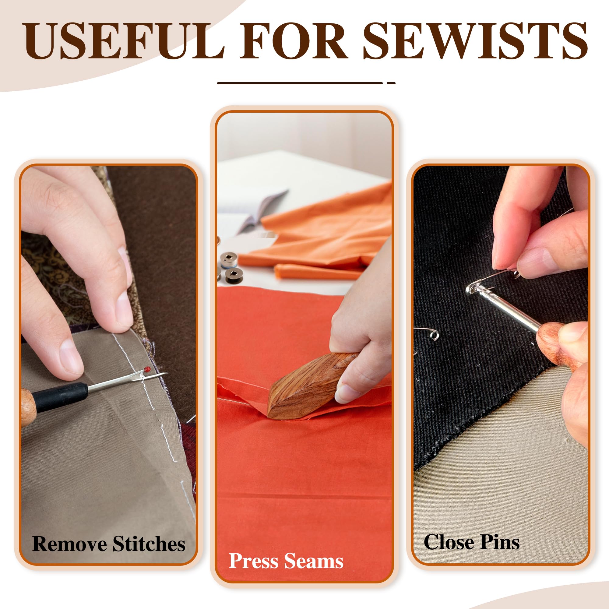 SAVINA Set 5 Holz-Nähwerkzeug – Nahttrenner, Nahtpresse, Stiletto, Basting Pin Tool, Reinigungsbürste – Premium-Hartholzgriffe für Quilten & Handnähen