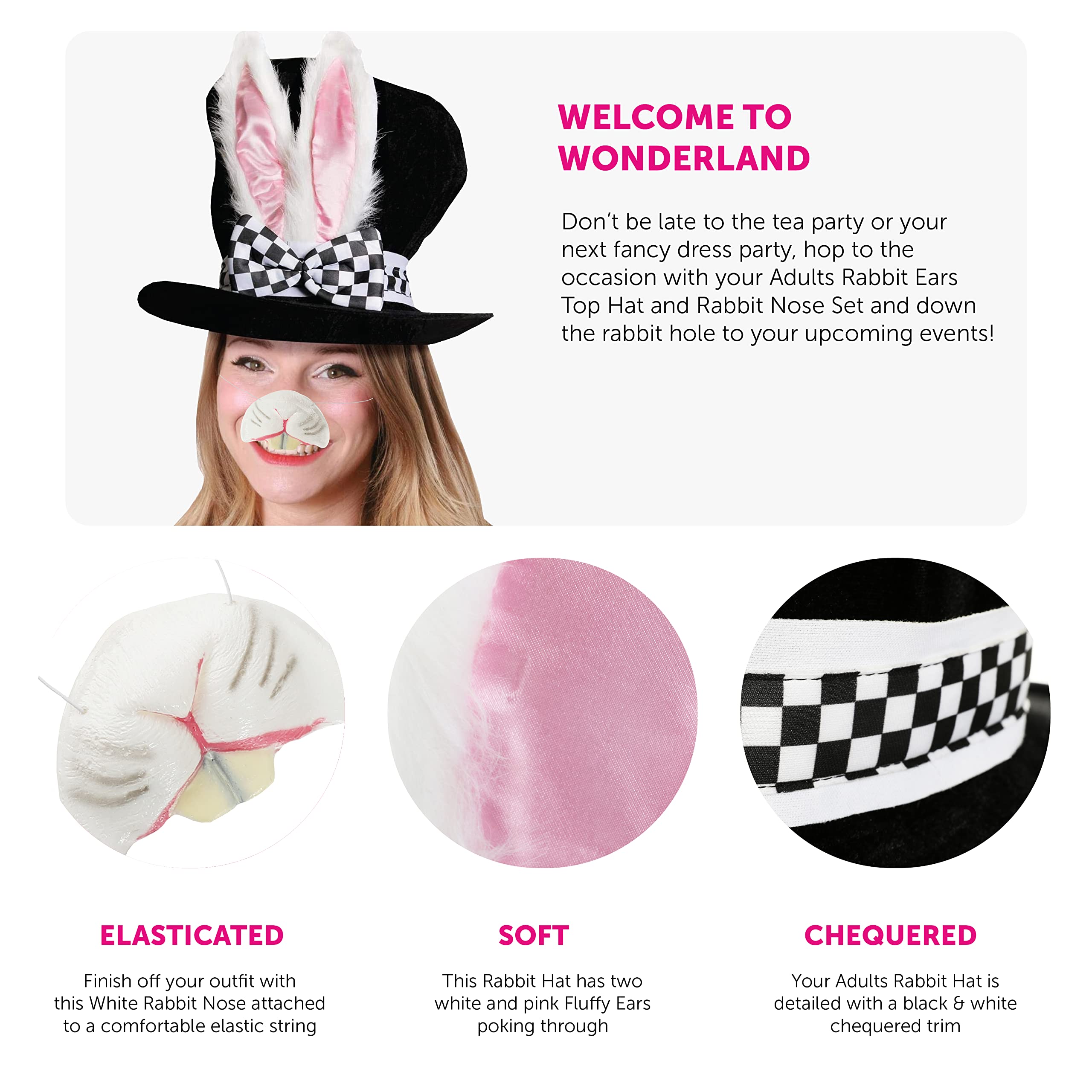 Adults Deluxe Wonderland Rabbit Hat With Large Ears and Attached Bow + Rabbit Nose Perfect for School Book Week + World Book Day Fancy Dress Costume Accessory Black - Image 2
