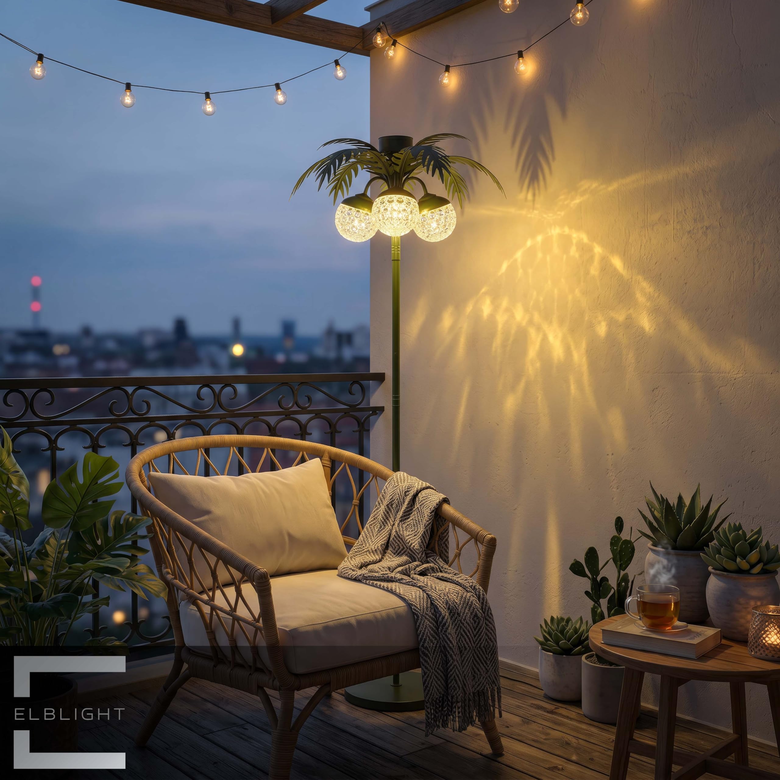 LED Solar Palme Stehleuchte Outdoor LED Gartenlampe mit Dämmerungssensor warmweiß 3000K IP44 wetterfest Balkon Terrasse Garten Solarleuchte mit Akku Metall